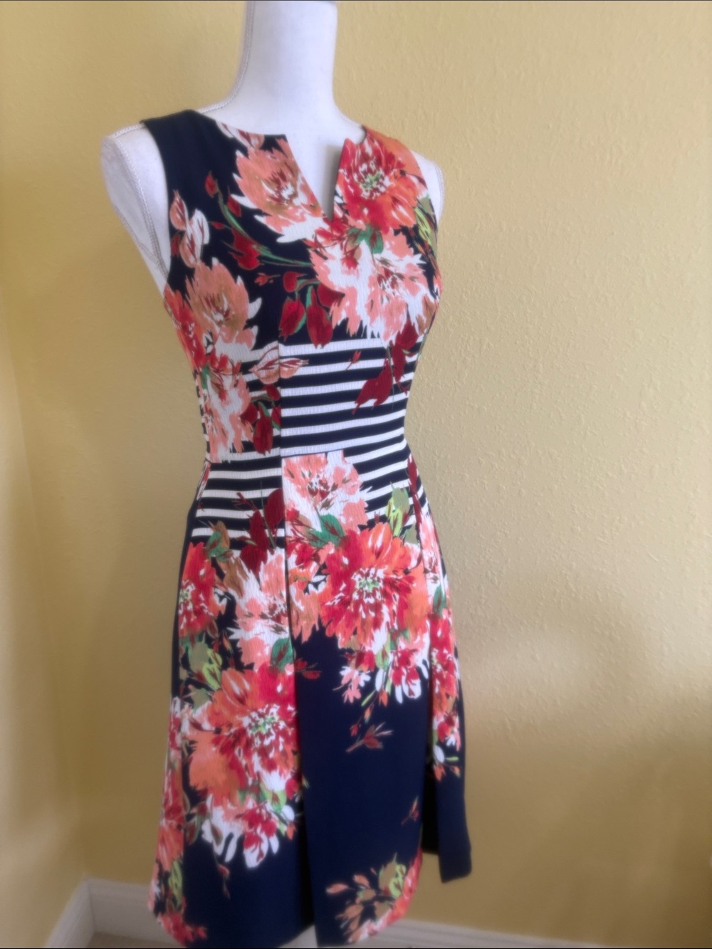 Sleeveless Navy Midi Dress with Coral Floral Print